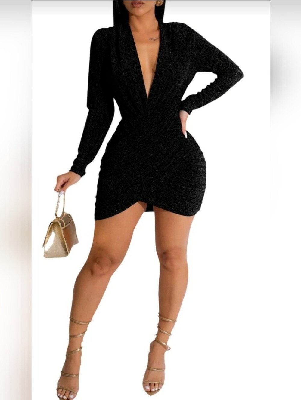 Women's Black Long-Sleeve Deep V Ruched Mini Dress